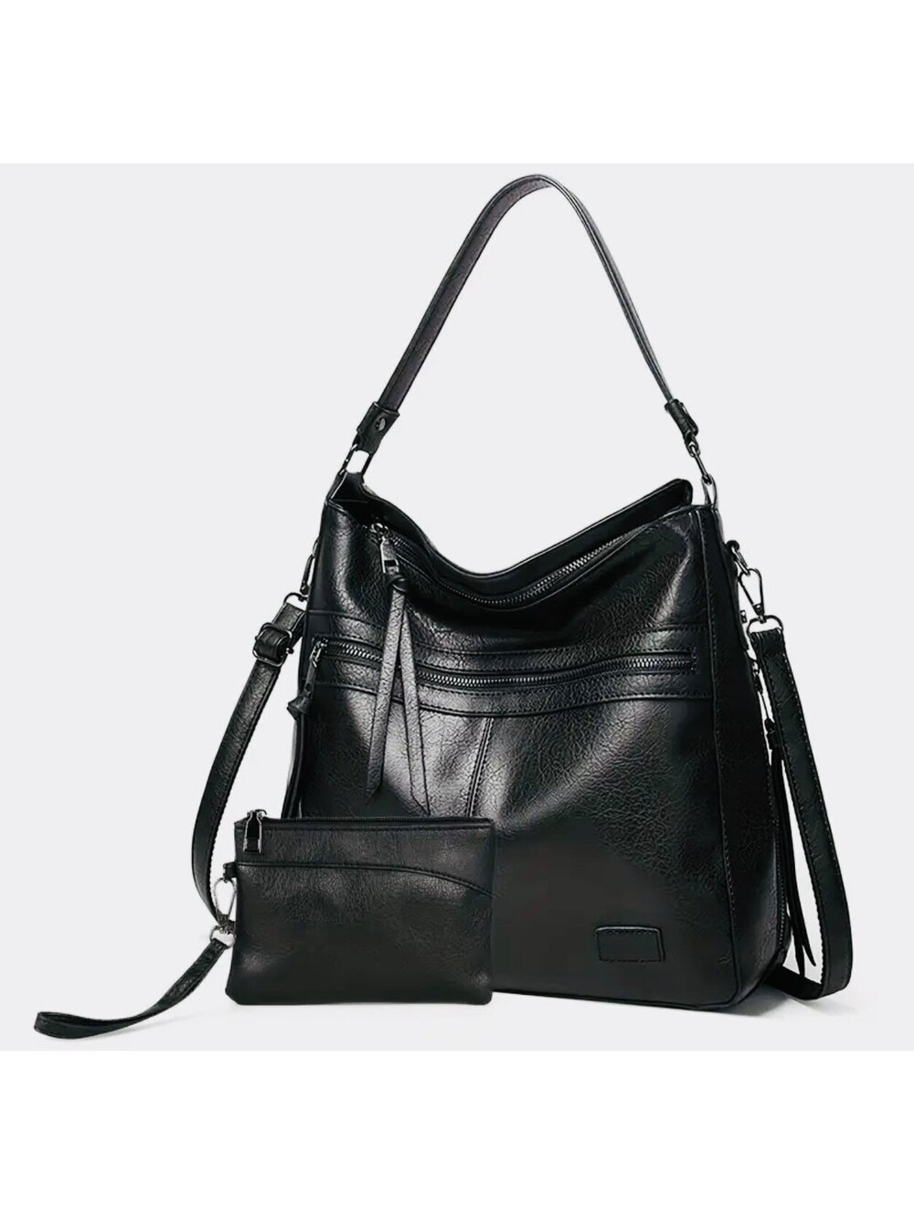 New -Trendy -Vintage Inspired - 2Pcs Faux Leather Shoulder Bag Set -Black